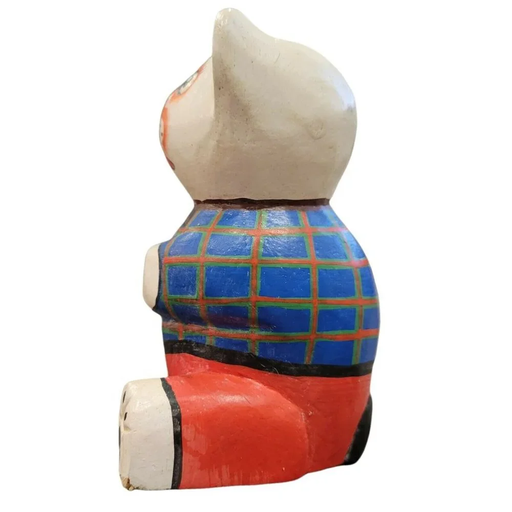 Artisan Folk Art Bear Hand Carved & Painted Wood with Flowers White Plaid Teddy - Picture 5 of 8